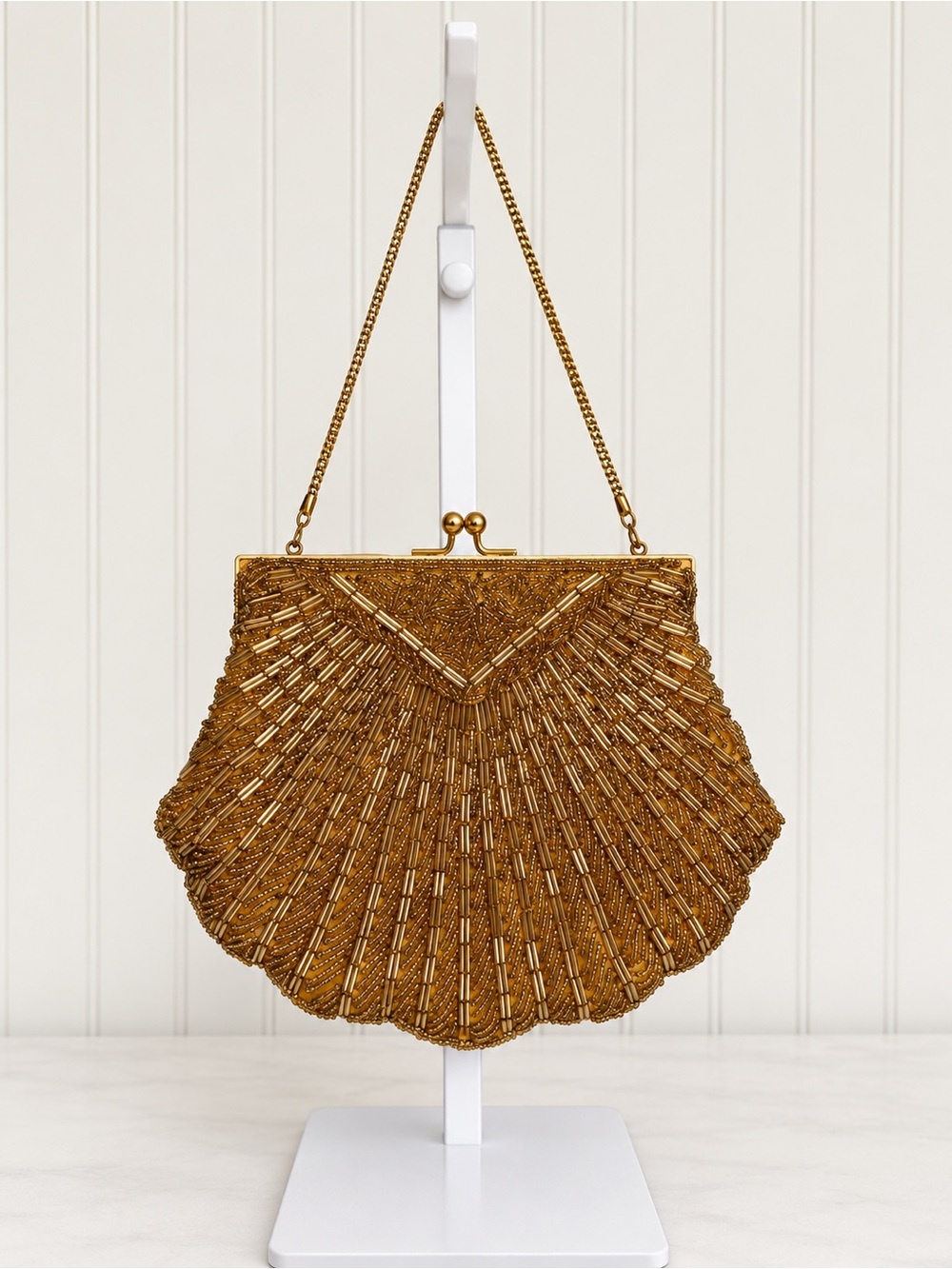 Vintage 1950s 60s La Regale Gold Beaded Scalloped Fan Evening Bag Purse